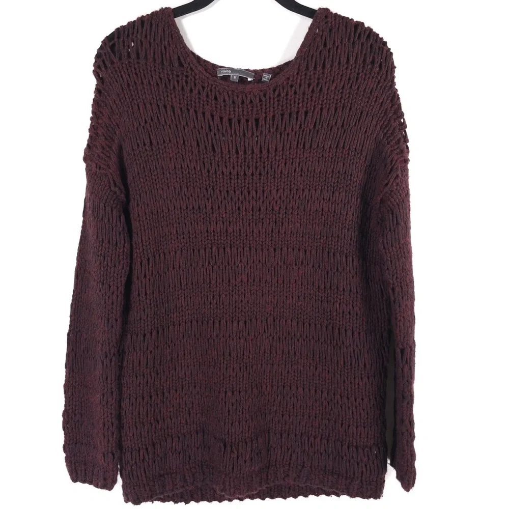 Vince. Pullover Top Sweater SMALL Burgundy Wine‎ Loose Knit Crochet WOOL Blend
